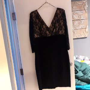 Elegant Black Top Lace Black Dress From Adrianna Papell Size 12 3/4 Lace Sleeves